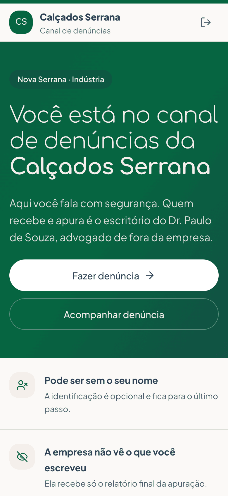 Página do canal da Calçados Serrana no celular