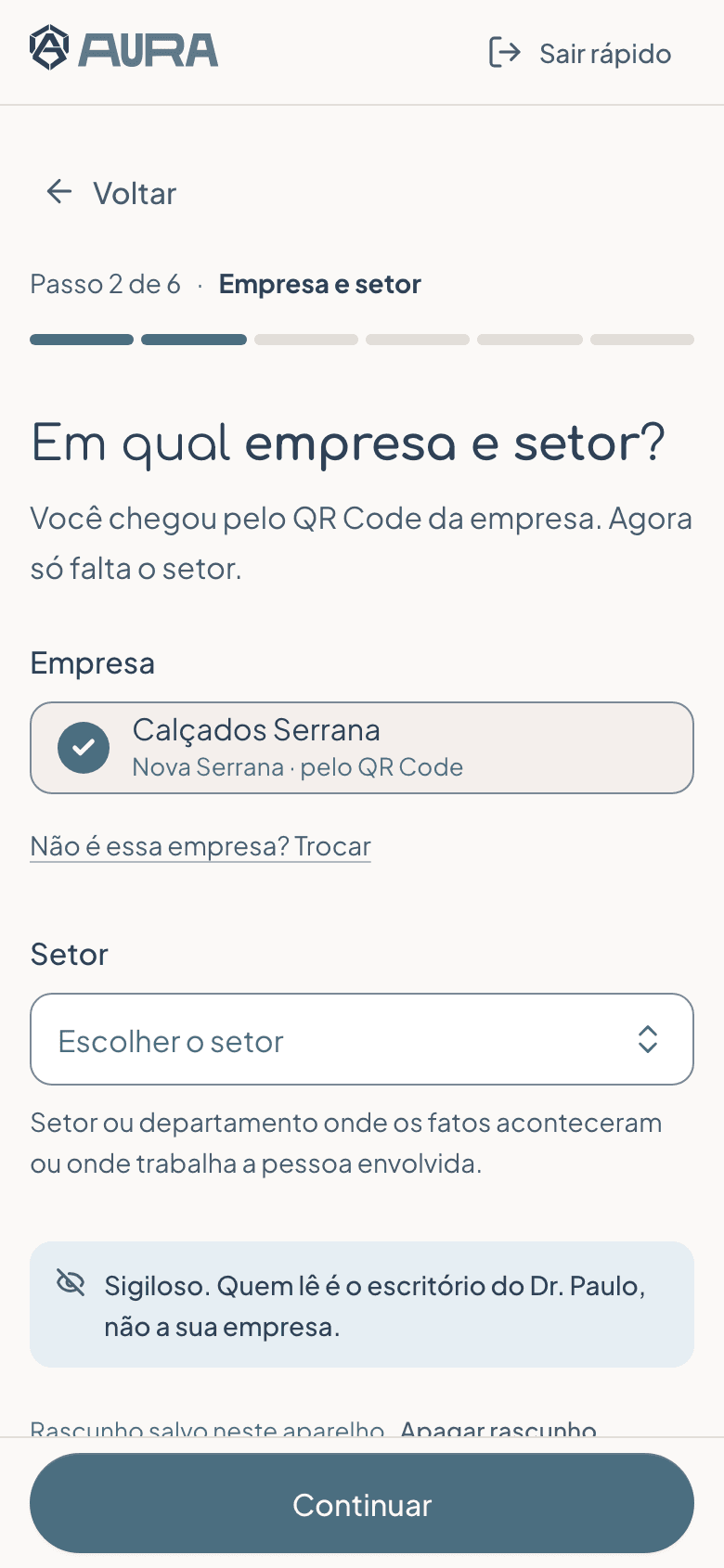 Primeiro passo do formulário de denúncia no celular
